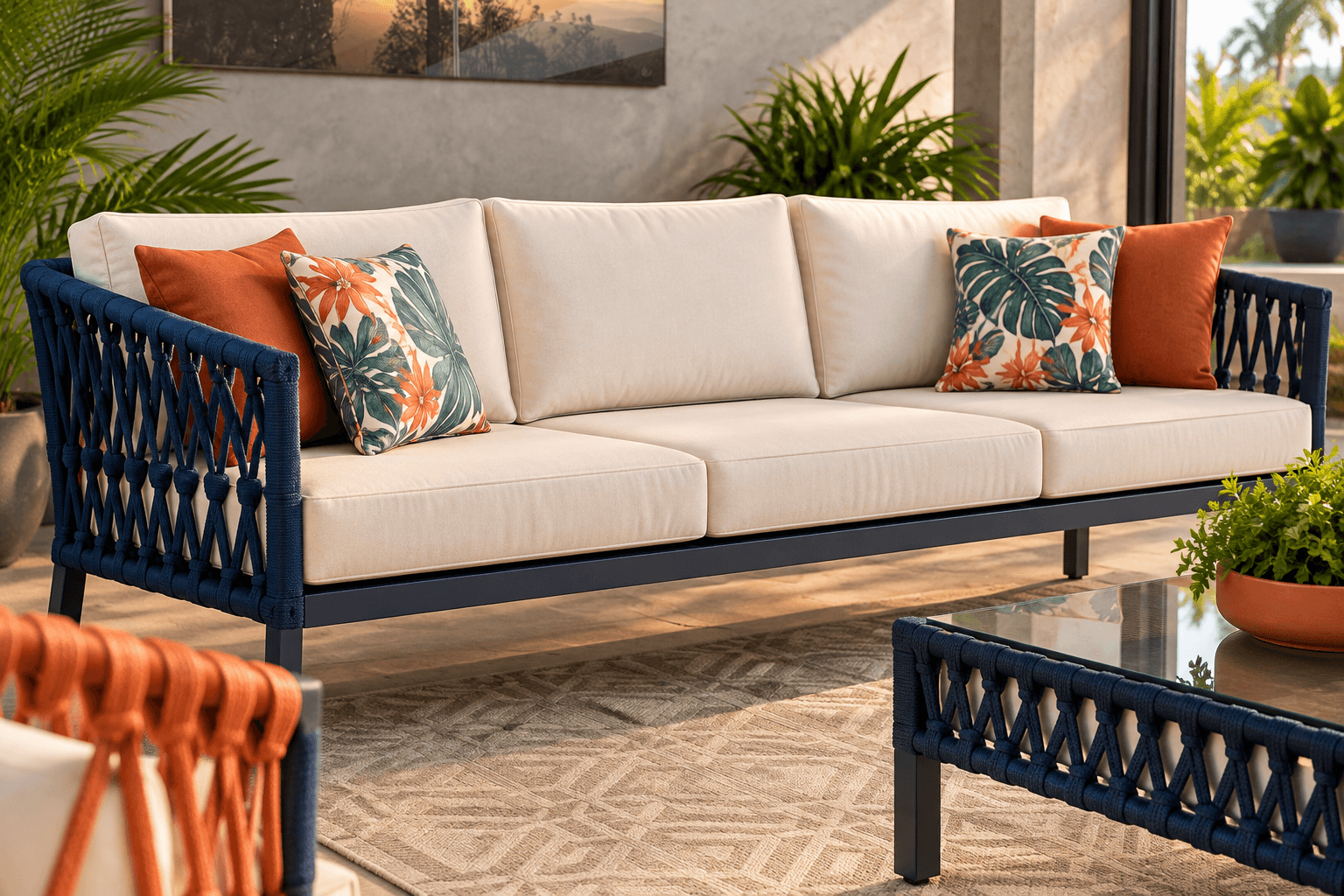 Conjunto Sofá Tricô Náutico 3 Lugares